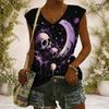 Women Plus Size V Neck Wide Short Sleeve Skull Moon Printed Black T Shirt