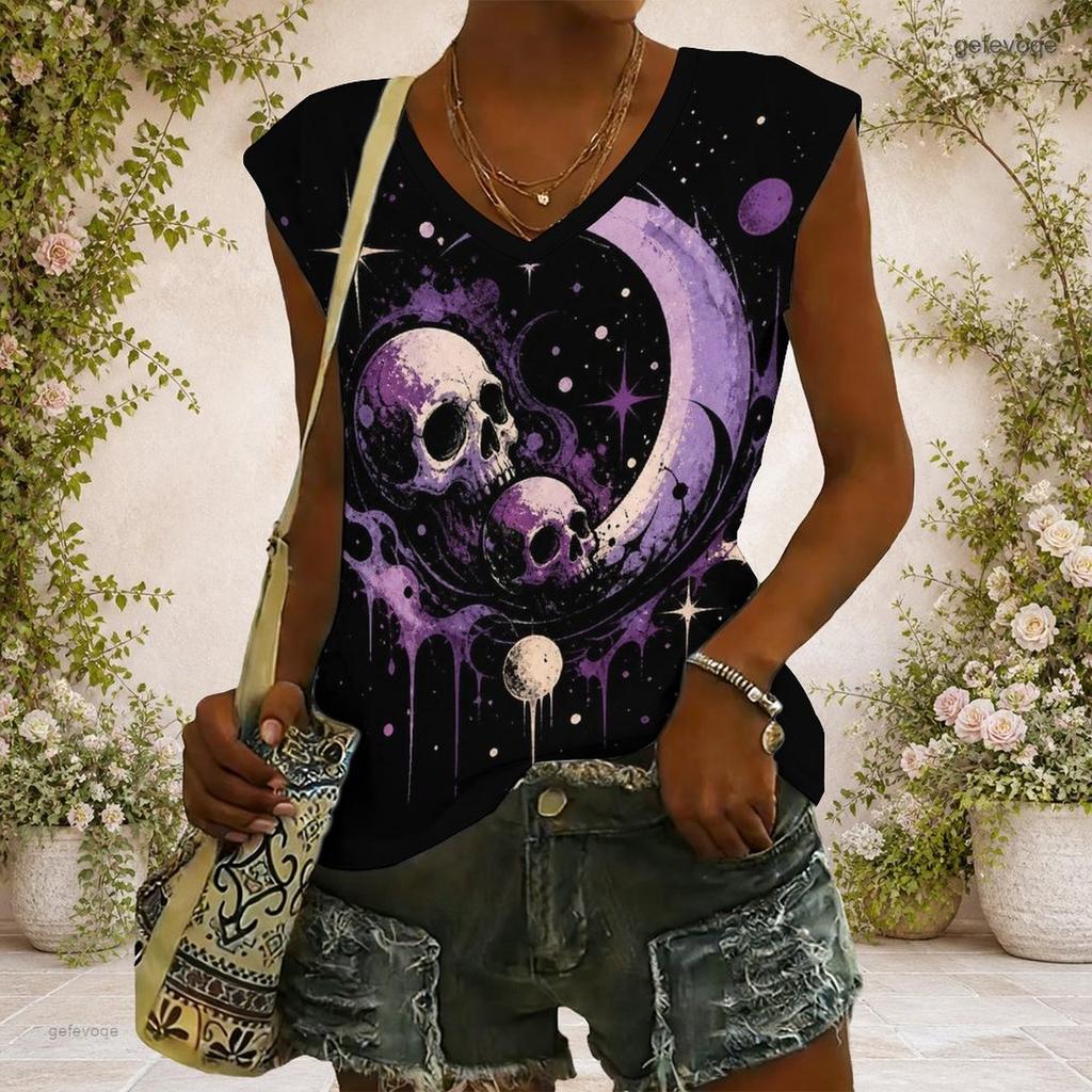 Women Plus Size V Neck Wide Short Sleeve Skull Moon Printed Black T Shirt