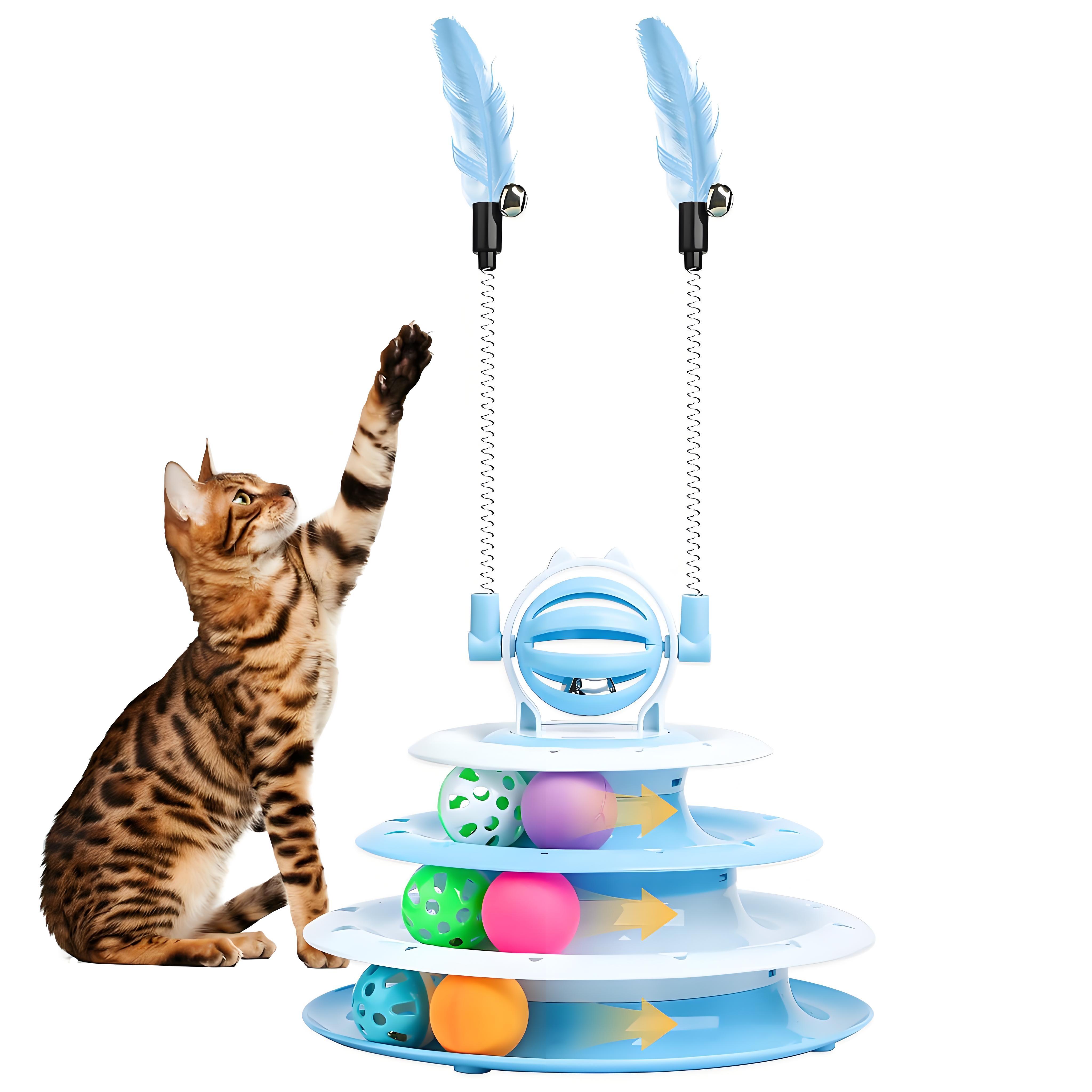 

Interactive Cat Toy Puzzle Ball with 2 Teaser Wands | Mental Stimulation for Indoor Cats & Kittens | No Batteries Needed синий