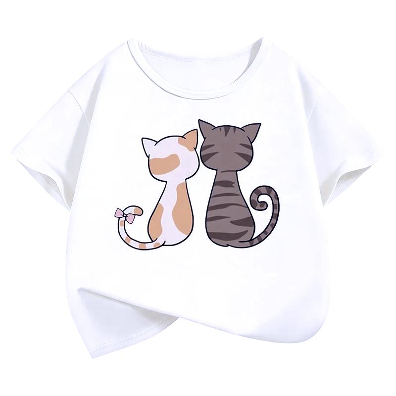 Cute Cat Kids Tshirts Summer Short Sleeve Tees Y2k Cartoon Animal Boys Girls Clothes Kawaii Kitten Tops Y2K Children Tshirt
