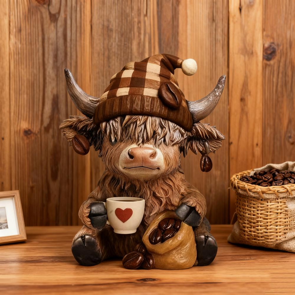 Resin Cow Figurine Highland Cow Statue Highland Cow Coffee Cup Figurine Set Resin Sculpture Decoration for Calf for Coffee