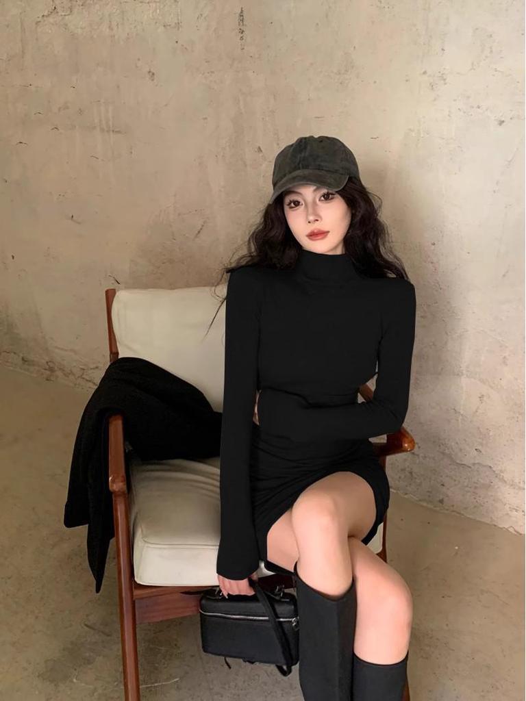 Slim Fit Half-High Collar Long Sleeve Dress for Women - Sexy Autumn/Winter Hip-Hugging Style