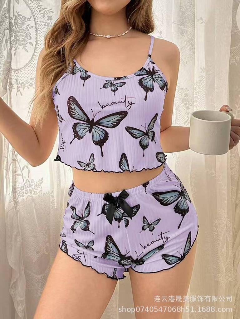 1011 Popular Homewear Pajamas Women's Summer Large Size Sexy Underwear Suspender Shorts Two-piece Set Butterfly
