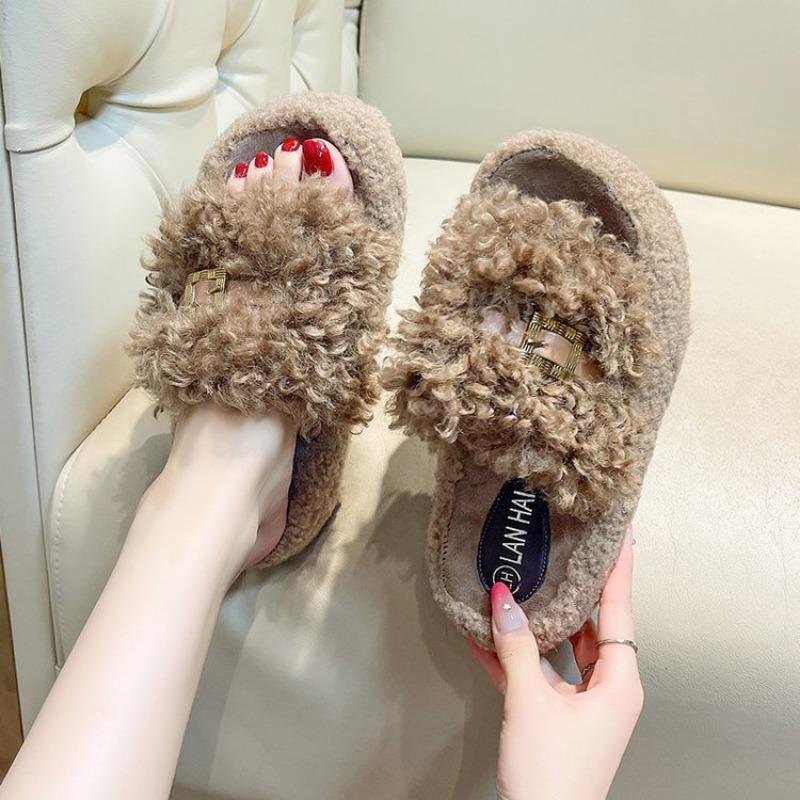 

Thick-soled one-character fluffy slippers women s autumn and winter new round head outer slippers retro fashion women s shoes 40