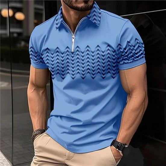 Men Summer Top Zipper Turn-down Collar Short Sleeves Pullover Slim Soft Breathable Sweat-absorption Men Casual Shirt