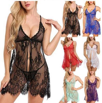 Sexy Lingerie: Women's European & American Eyelash Lace See-Through Suspender Skirt Pajamas