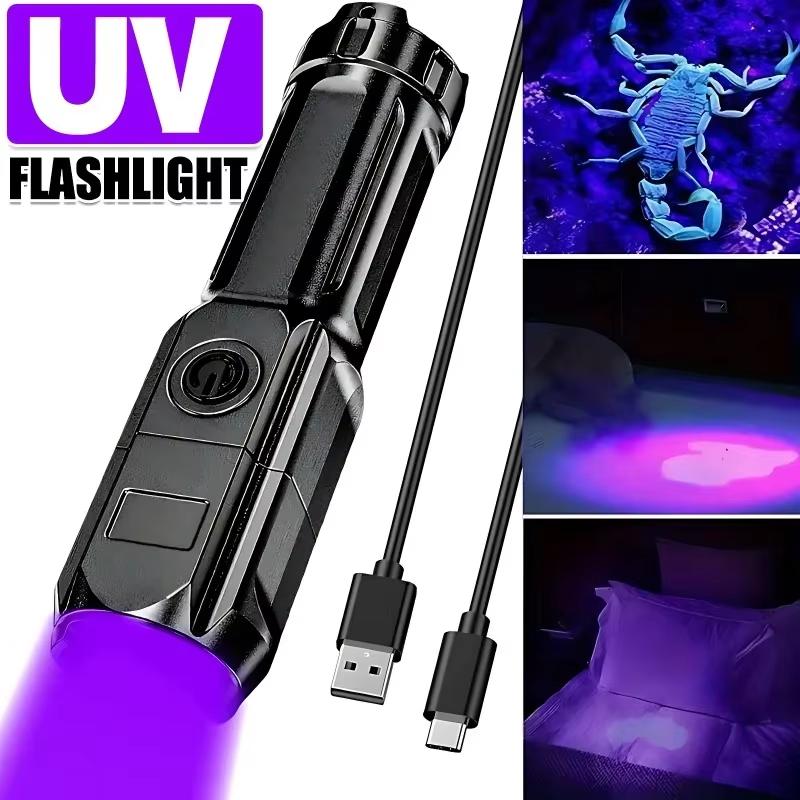 White and UV Flashlight Dual Types USB Rechargeable Mini Tactical Torch Zoomable Portable Outdoor Emergency Light Camping Gear