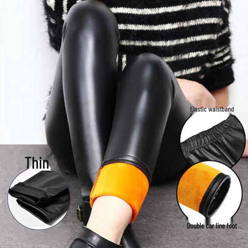 2024 Women's Stretch Faux Leather Pants: Thickened, Elastic Waist, Velvet Lined, Gusseted Leggings