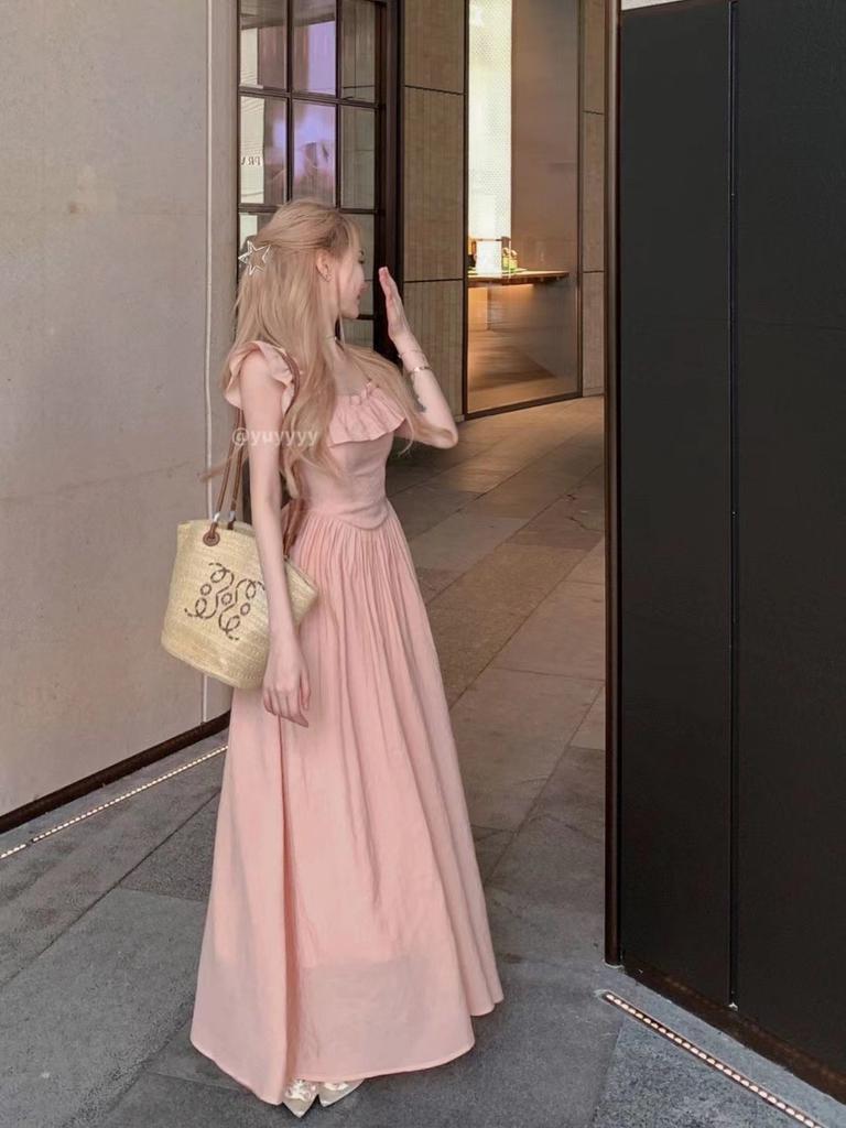 [The Original Method Has the Inside] Pink Small Flying Sleeve Dress, Summer Ruffle Edge Square Neck Long Dress, Waist a Word