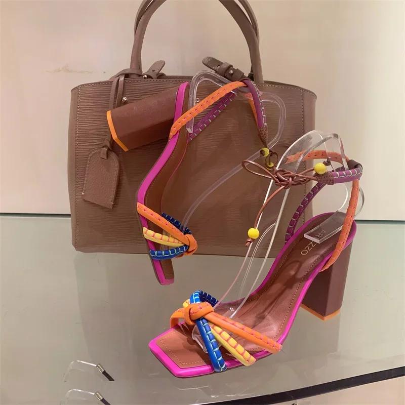 

2024 Fashion Luxury Twist Woven Sandals Color Blocking Designer Brand Women s Shoes Thick with High Heel Sandals Female Casual 35 красный