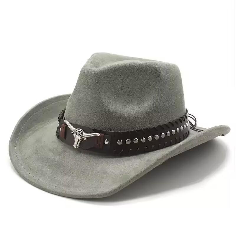 Bull Head Belt Rivet Jazz Hat Men's and Women's Spring and Autumn Outdoor Travel Sunshade Top Hat Big Edge Suede Western Cowboy Hat