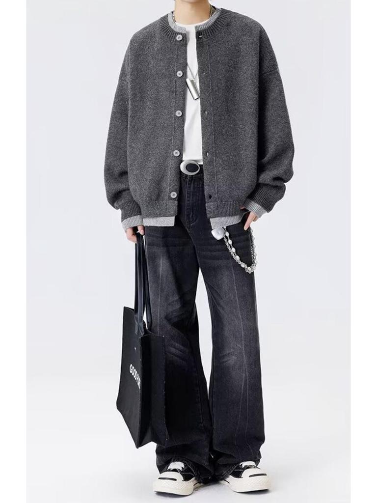 Men's Retro Color Block Cardigan Sweater, Autumn-Winter Casual Knitwear