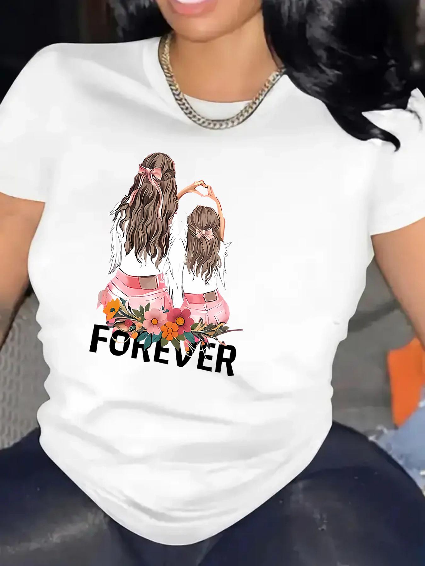 

Mother Daughter Graphic Tee Casual Summer Style Blend Sleeve Shirt Women White with Pink Blue Floral Design Allseason Apparel S