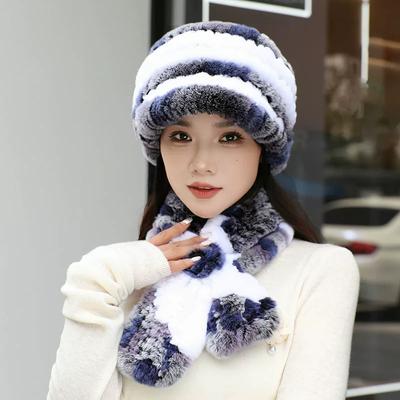 Rex Rabbit Hair Hat Scarf Two-piece Set Women's Winter Fashion Warm Middle-aged Mother Hat Autumn and Winter Cold Fur Hat