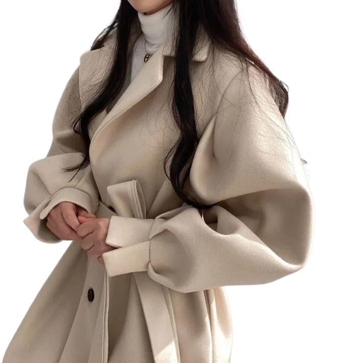 Women's Korean Fashion Lantern Sleeve Woolen Coat Autumn Winter Thickened Warm Casual Loose Medium-Length for Womenc Hepbur...