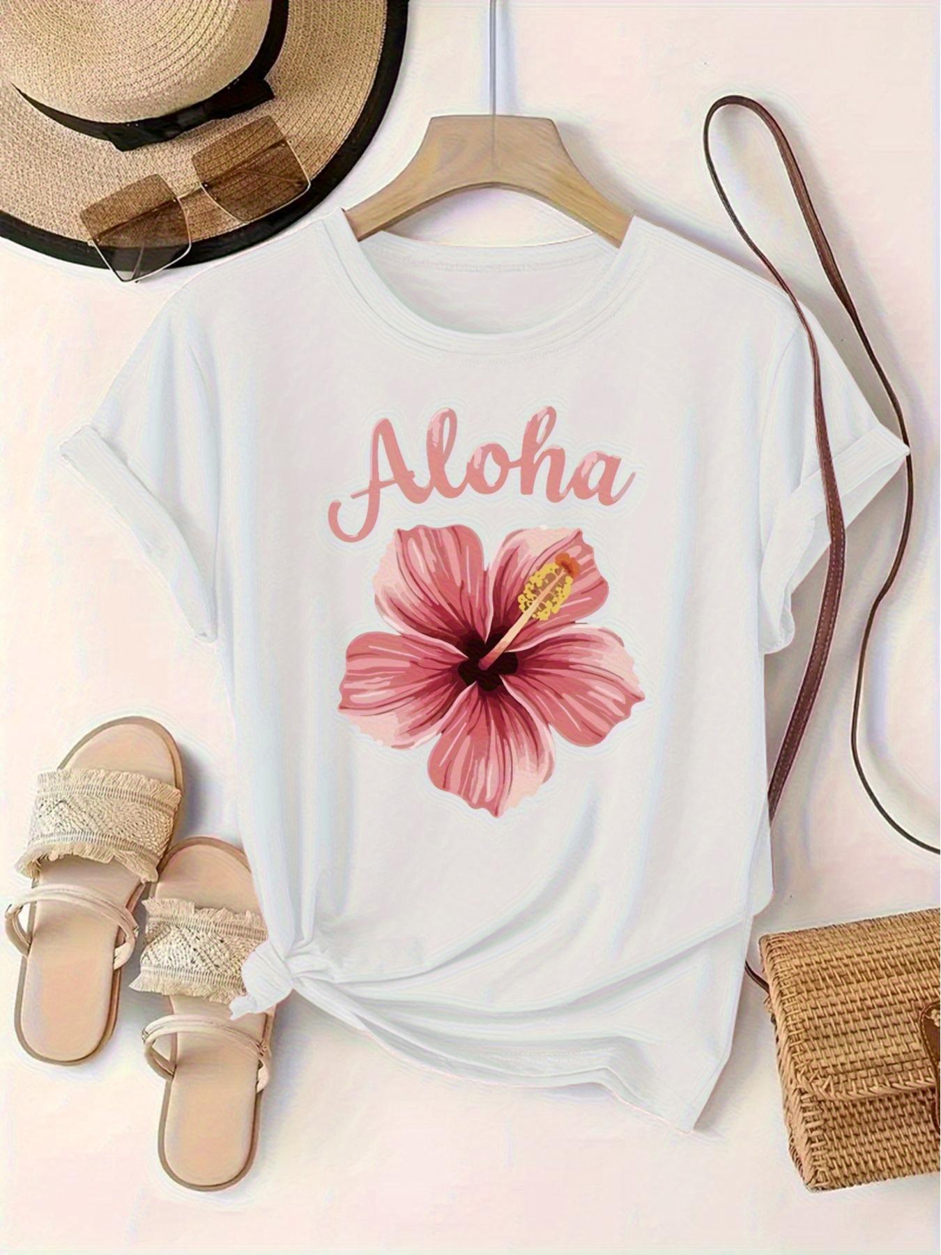 Womens Floral Print Aloha Graphic TShirt Vibrant Pink Hibiscus Design Black Casual Outfit Floral Graphic Aesthetic Clothes S