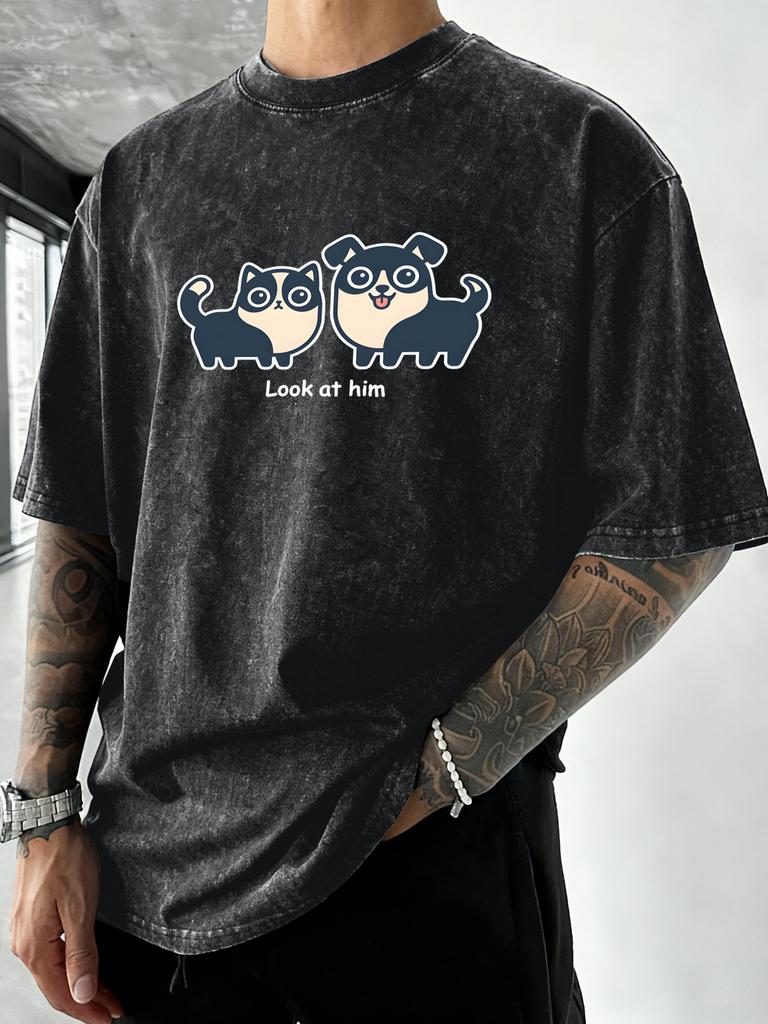 Look At Him Naughty Dog Printed Washed Cotton T Shirt Men Vacation Hip Hop Summer Unisex TShirts Crewneck Loose Streetwear