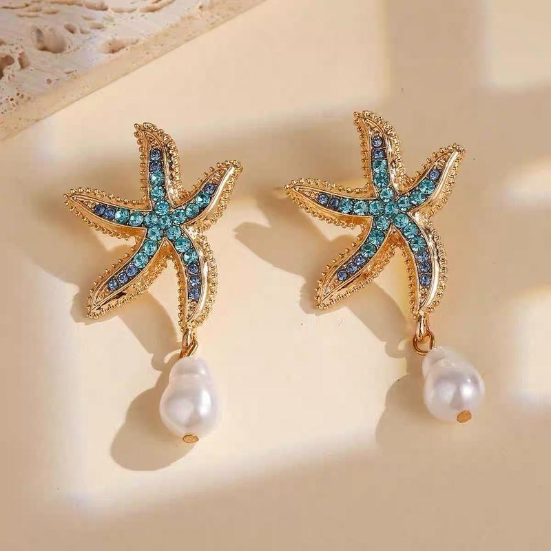 Bohemia Star Fish Earrings Drop Pearl Blue Rhinestones Dangle Earrings For Women Starfish Jewelry Summer Holiday Beach Gifts