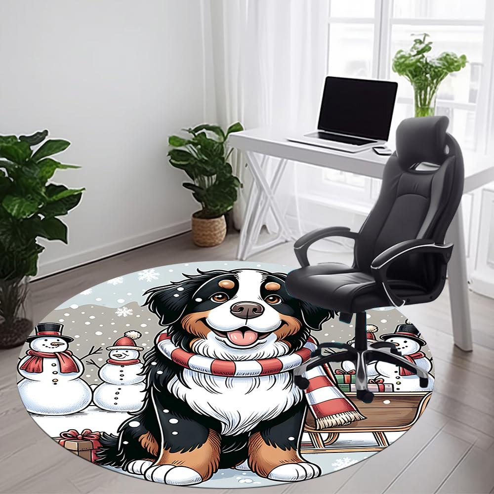 1PC Winter Snow Dog Office Round Area Rug, Mat Suitable For Office, Under Office Chairs Bedroom Living Room Home Decor, Room Deco