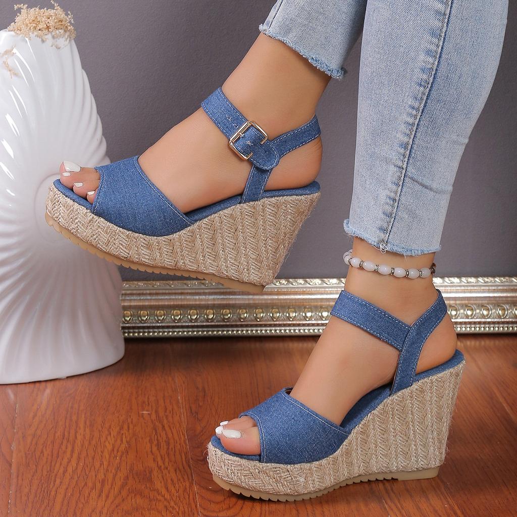 thick-soled wedge heel women's sandals women's high heels small open-toed summer muffin and one-word buckle strap women's shoes