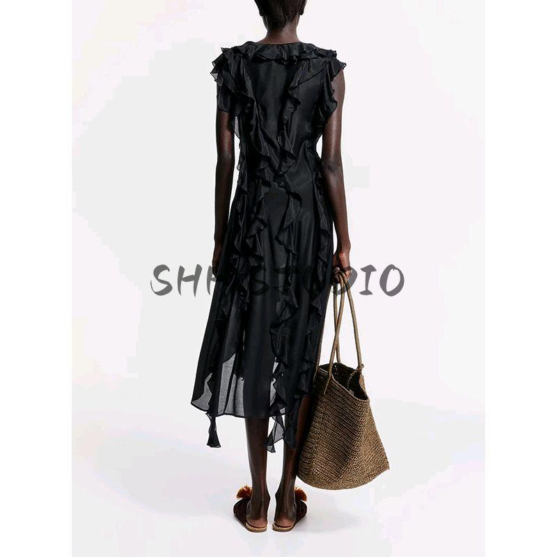 Spring New Women's Clothing Commute Style V Neck Sleeveless Ruffles Stomach Blanket Style Mid Length Long Length High Waist A- Line Dress