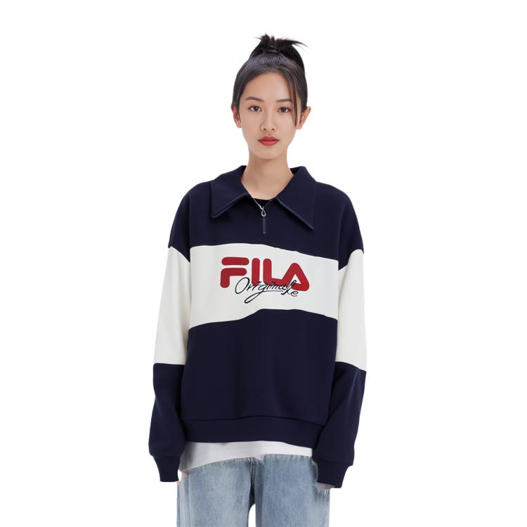 FILA Fashionable Loose Color Block Polo Knit Top Men Tops Deep-Dark-Blue F11W349208FDB