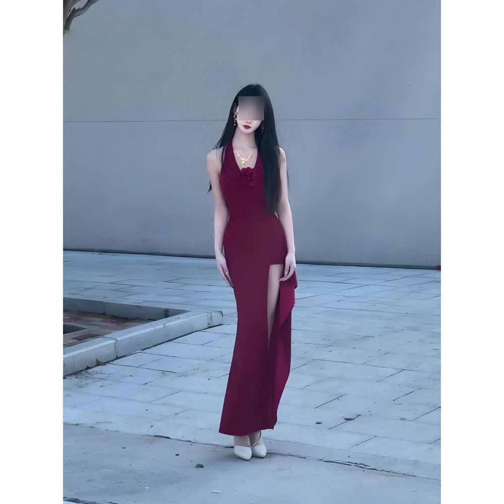 Hong Kong Style Retro Temperament Neck Dress Women's Summer Temperament Split V-neck Vacation Hip Dress Dress