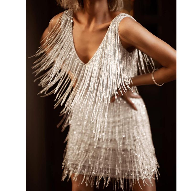 New, New Fringed Beaded Sleeveless Dress, Evening Dress