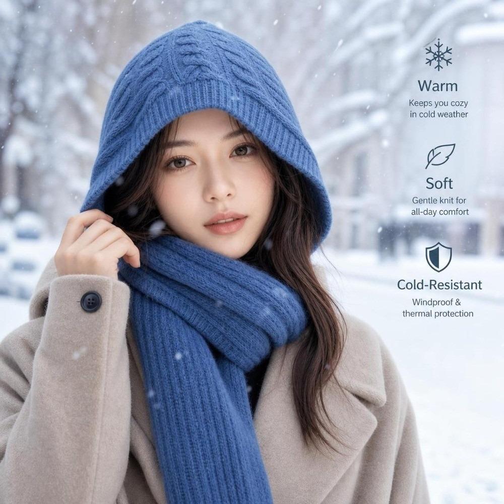 Warm Hooded Scarf Hat Soft Knit One-Piece Hooded Hat Retro Beanie Scarf Cap Women