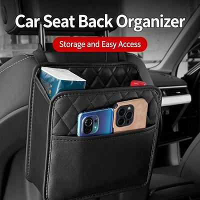 Leather Car Seat Back Storage Bag, Multi-Purpose Organizer with Garbage Can & Trash Bag Holder for Most Models