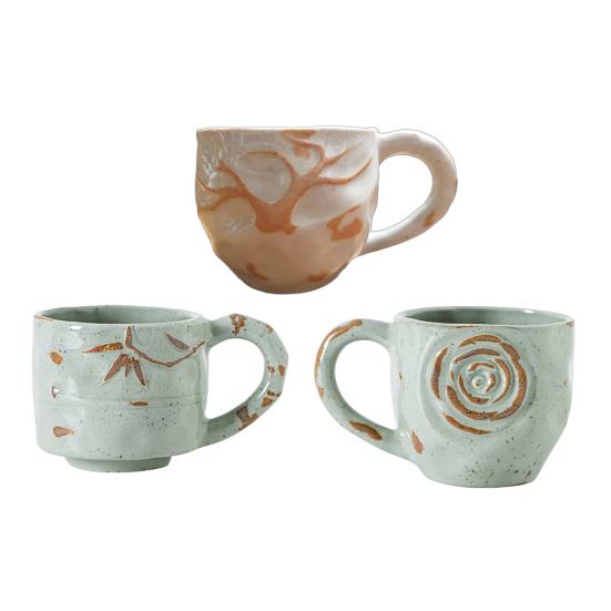 Ceramic Coffee Cup Handmade Rose Bamboo Leaf Embossed Pattern Mug 290ml Rustic Textured Mug Microwave Oven Safe Stackable Gift for Coffee Lovers