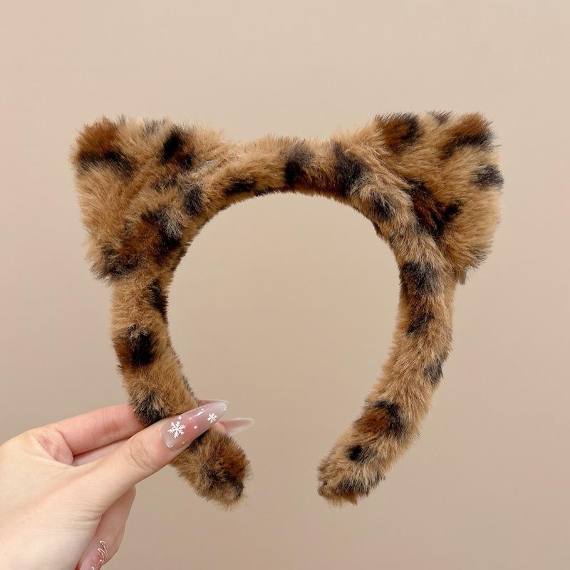 Cute Cat Ears Hairband Women Girl Cosplay Leopard Hair Hoop Winter Soft Wool Headband Party Hair Bands Face Wash Makeup Headwear