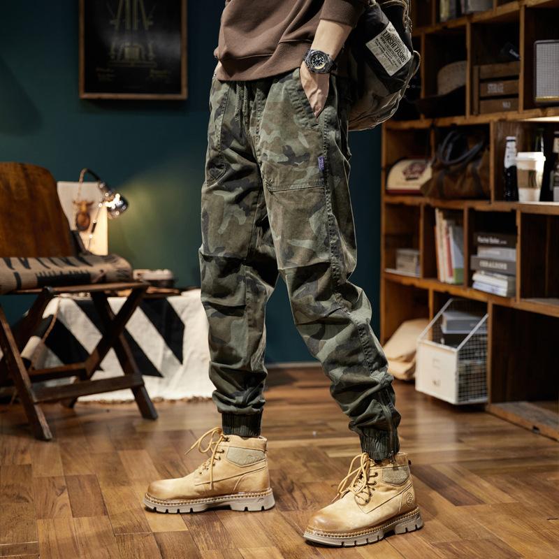Men's tied feet camouflage overalls wide-leg pants men's micro-pull pants high-end high-crotch trendy pants retro trousers