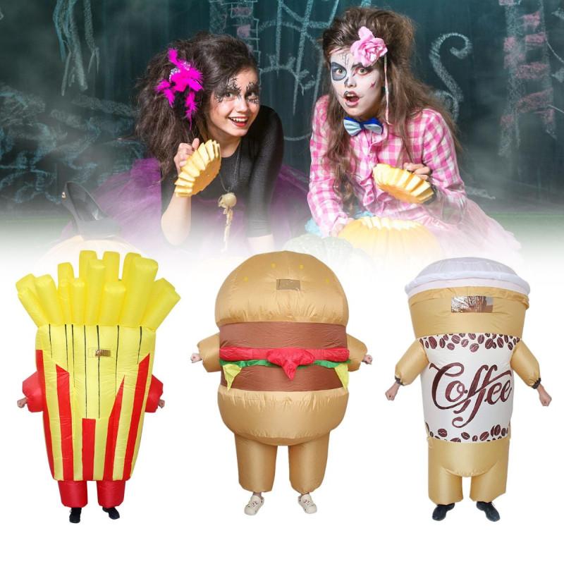Lustiges und skurriles aufblasbares Kostüm Lustiges Soda-Getränkebecher-Hamburger-Pommes-Outfit für Halloween-Partys