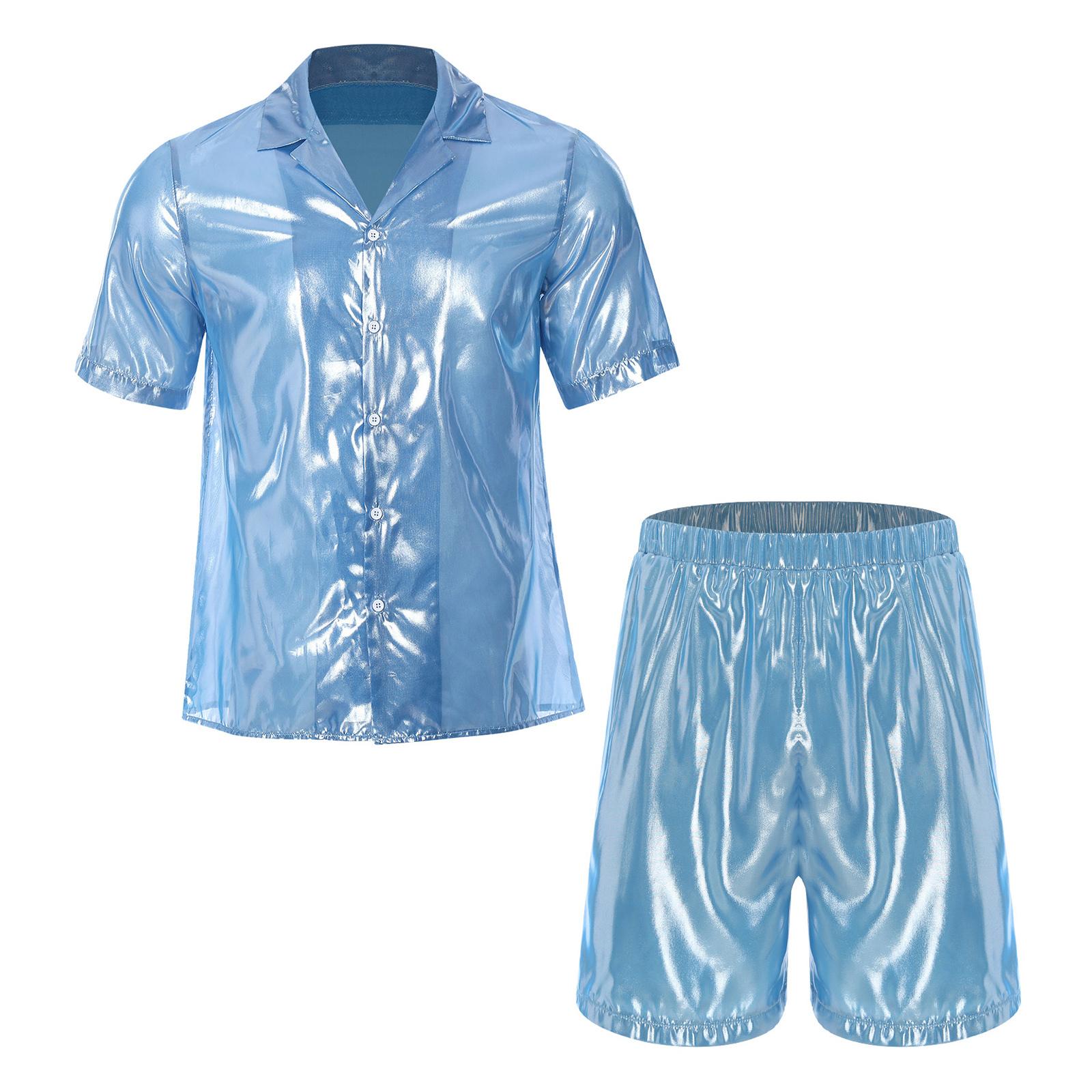 

Mens Shiny Beachwear Set See Through Water Ripple Shirt Elastic Waist Loose Boxer Shorts Vacation Swim Outfit S небо синє кольору