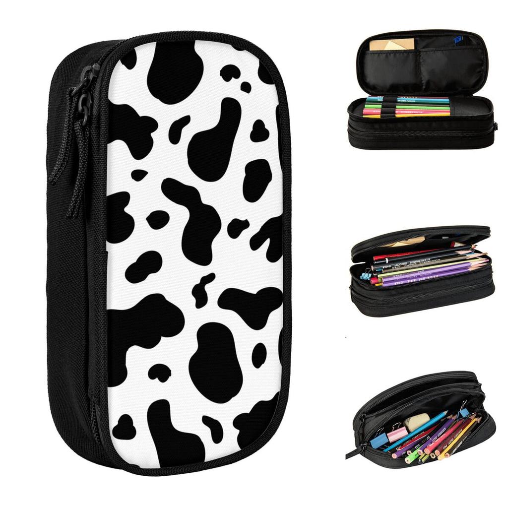 Cow Pencil Cases Black White Animal Skin Pencil Pouch Pen Holder Girl Boy Large Storage Bag School Supplies Zipper Stationery