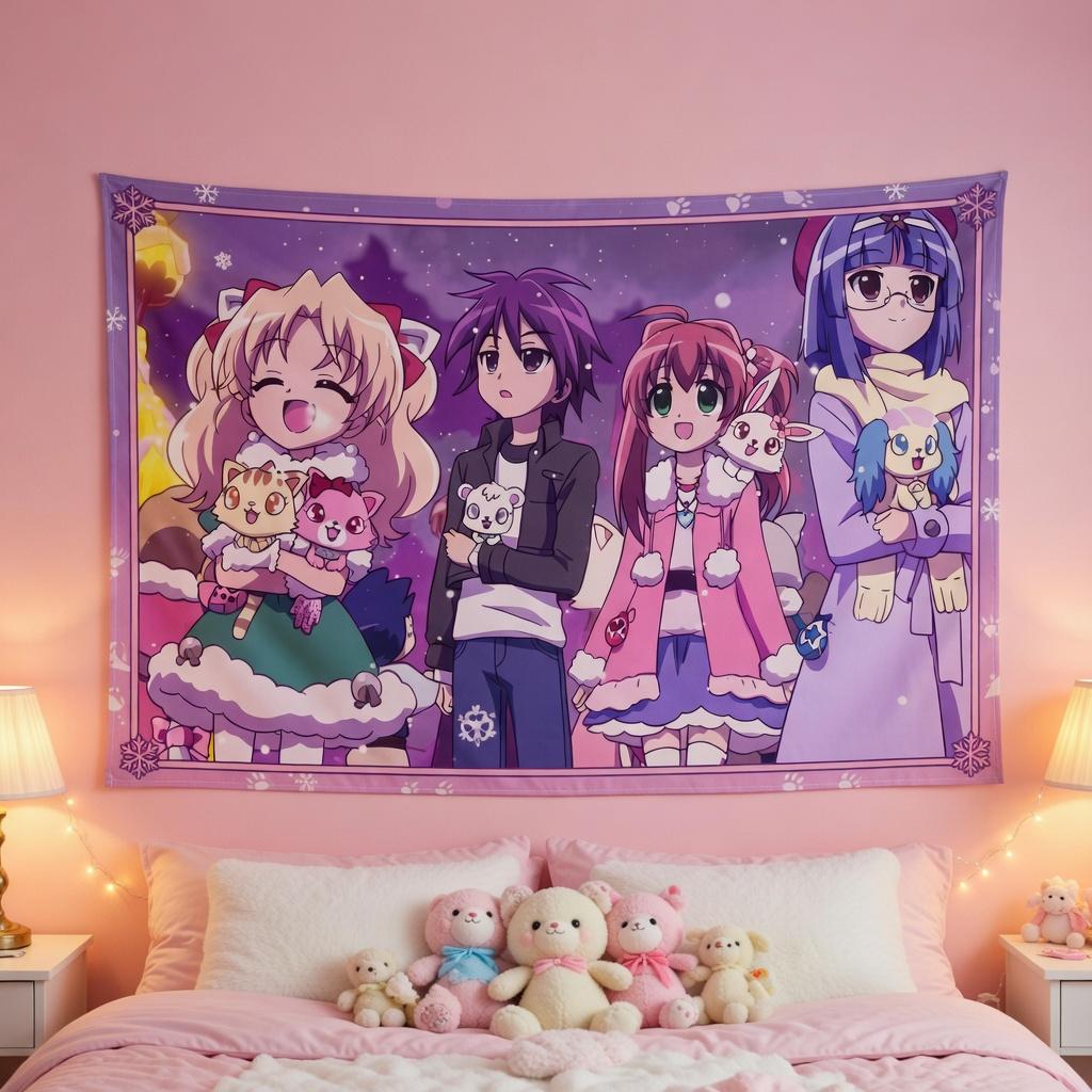 Anime Style Magic Pets Wall Tapestry Winter Theme Aesthetic Room Decor Cute Girl Manga Art Hanging Blanket for Bedroom Dormitory