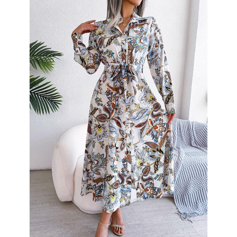 Women's Long Dress Summer Long Sleeve Vintage Floral Lapel Tied Shirt Dress Women Fashion Single Breasted Loose Casual Office Ladies Dresses
