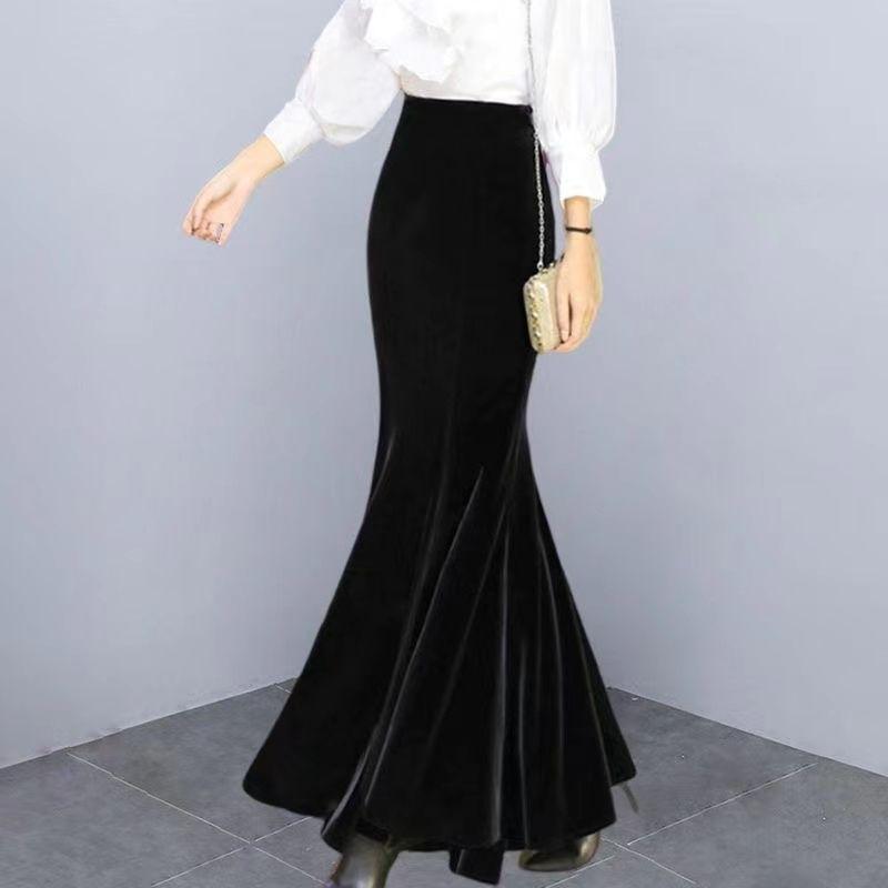 Gold Samtrock Herbst und Winter Neu Hochwertig Lang Fischschwanzrock Mit Samt Übergröße Hüftrock Hohe Taille Winterrock