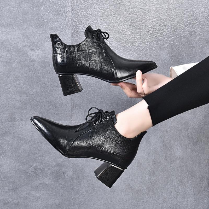 New Women's Mid-heel Lace-up Leather Shoes Genuine Leather Deep-mouth Soft Leather High Heels