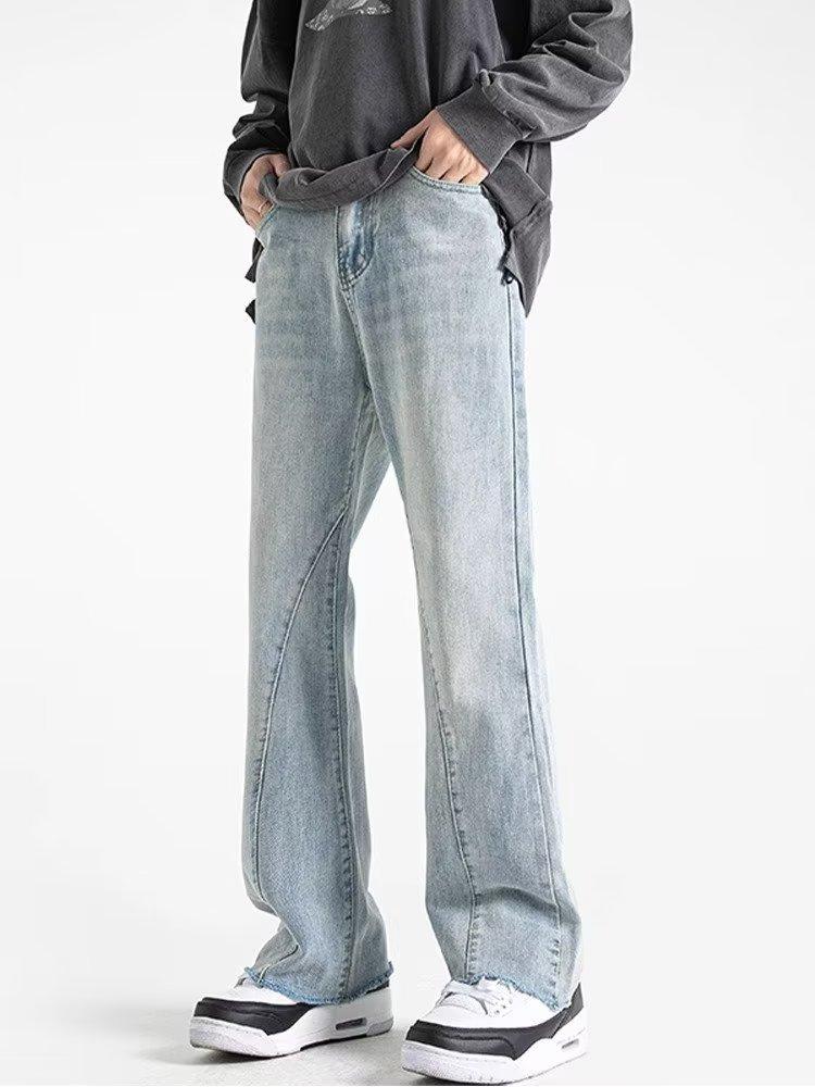 American high street retro old slightly pulled black gray jeans men's design wide legs straight casual trousers trendy brand