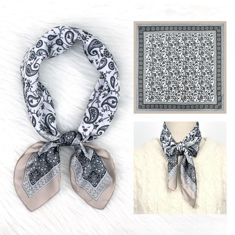 New dark blue retro cashew flower silk scarf 71 imitation silk fashionable and versatile women's square scarf scarf