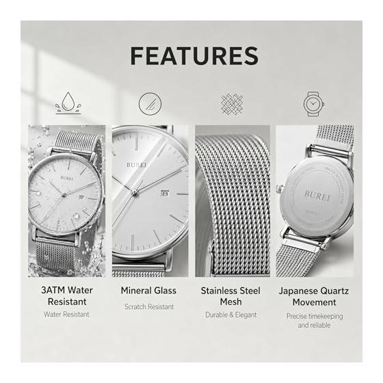 [BUREI] Men's Watch Simple Waterproof Analog Business Milanese Mesh Belt Men's Arm Watch Stylish Popular Date Brand Silver Men's Watch