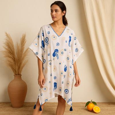 Evil Eye Kaftan, White Blue Gold One Size