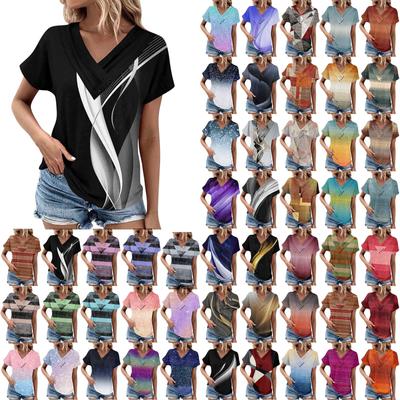 Sommeroberteile für Frauen, Muster für Frauen, V-Ausschnitt, kurze Ärmel, bequeme Damenoberteile, übergroße T-Shirts