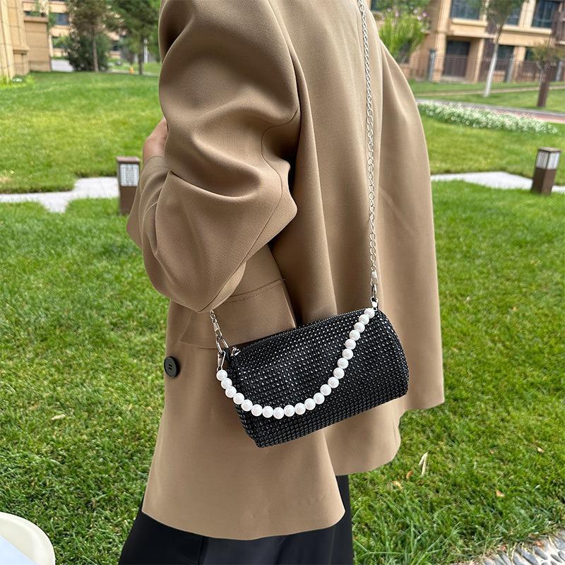 Fashion Rhinestone Shoulder Bag Pearl Chain Bag Phone Pouch Zipper Crossbody Bag Or Women Handbag