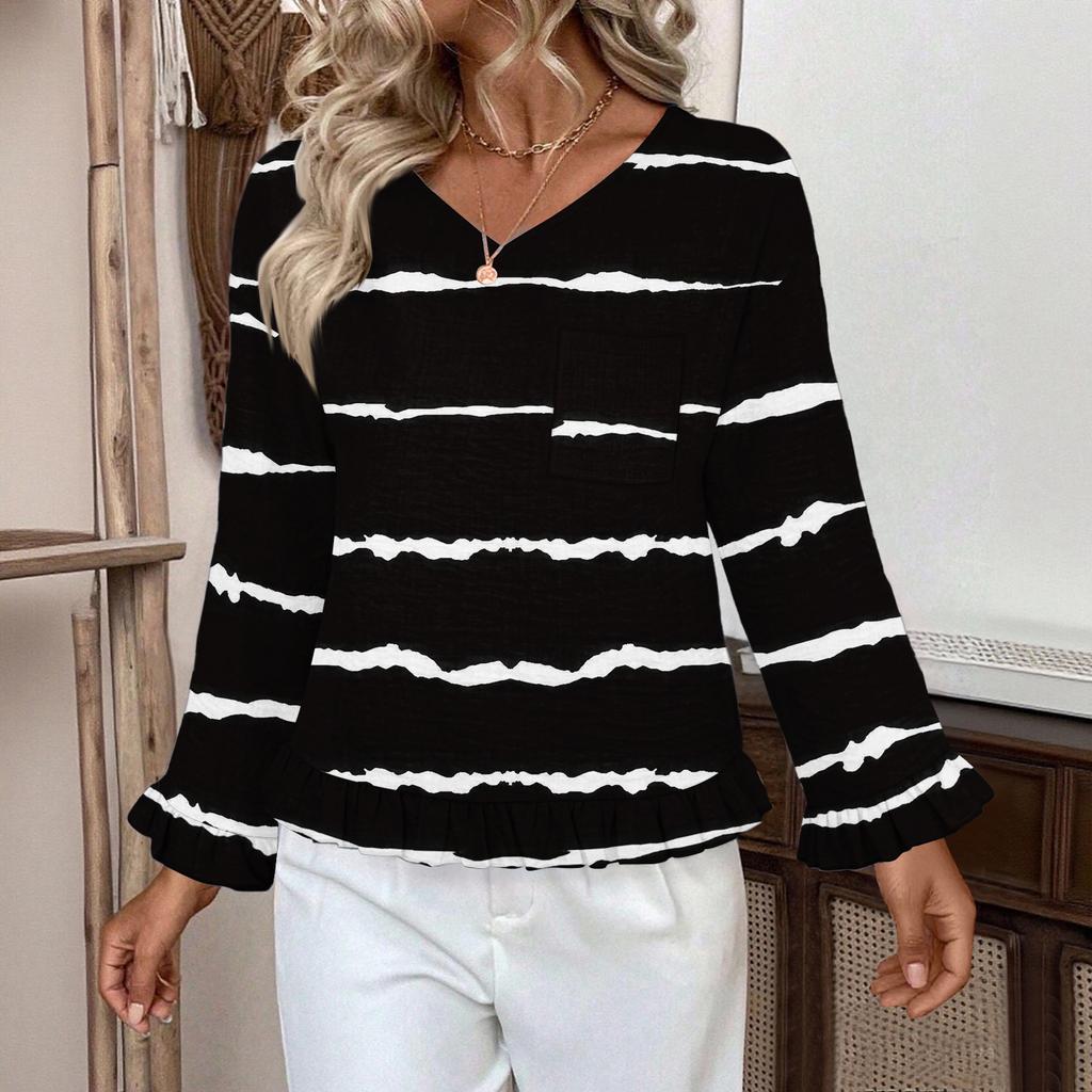 Dámský ležérní módní top s volánky, výstřihem do V, potiskem a dlouhým rukávem