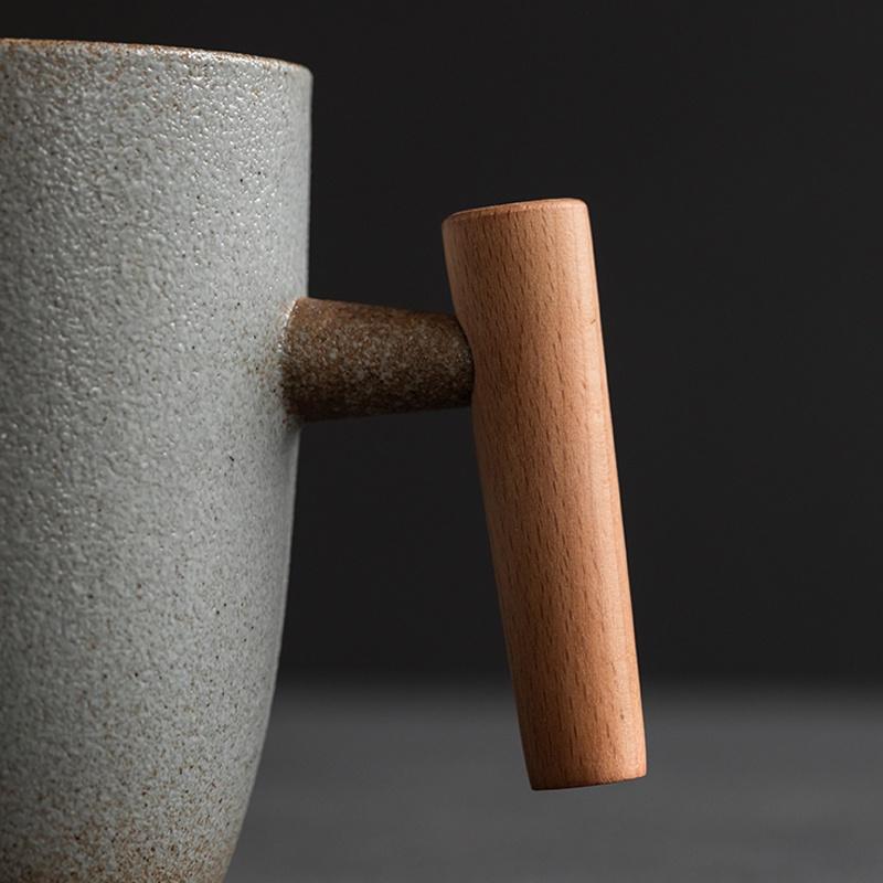 350ml Ceramic Mug Vintage Wooden Handle Handmade Japanese Style Office Coffee Cup