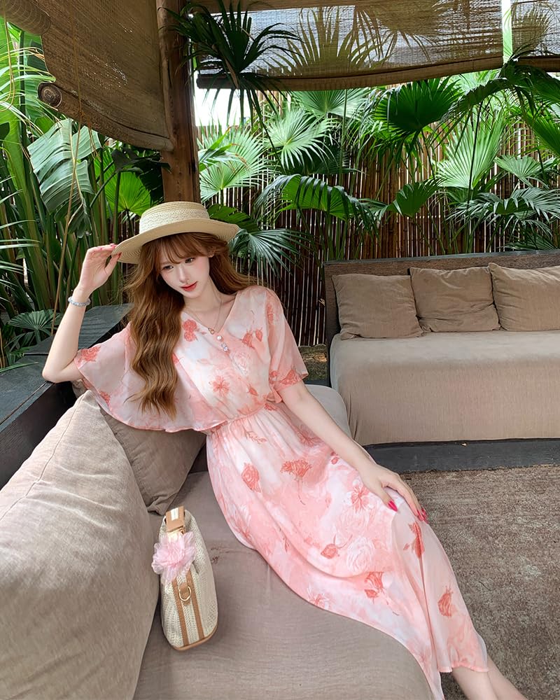 Simple Large Floral Print Half Medium Elastic Casual [Collecala] Dress, Summer, Sleeves, Length, Waist,