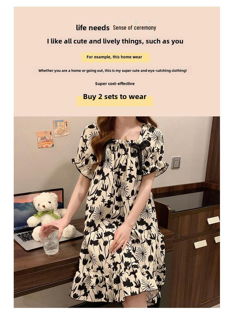 Summer Bubble Cotton Nightdress for Women with Chest Pads - Sweet, Cute, and Versatile Short-Sleeve Pajamas